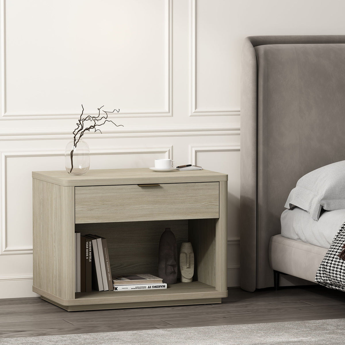 Evelyn Nightstand with 1 Drawer and Open Shelf - Dark Gray, Dark Brown, Light Brown