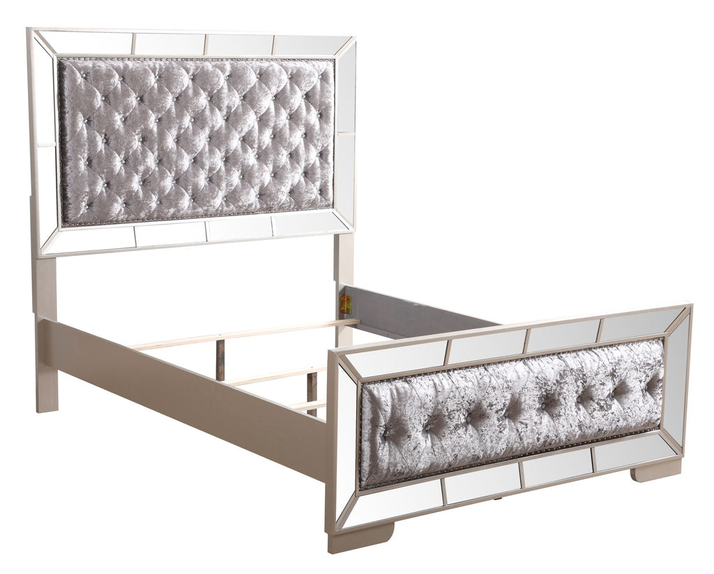 Contemporary Panel Bed with Mirrored Accents - Beige or Pearl Silver