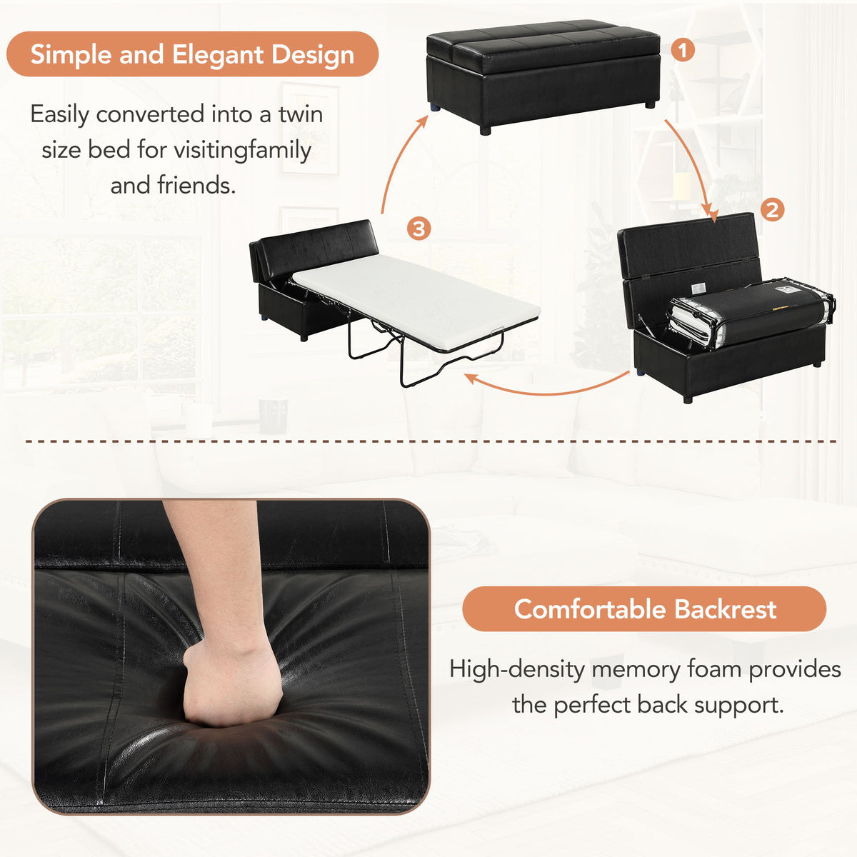 Twin Size Folding Ottoman Sleeper Bed with Mattress - Light Brown, Black, Dark Gray, White