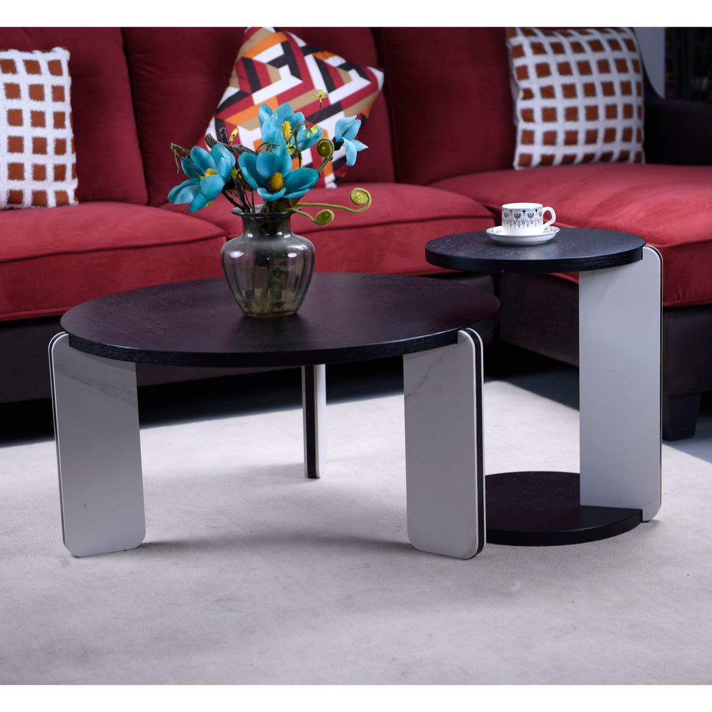 Round Coffee & End Table Set with Sintered Stone Legs - Black