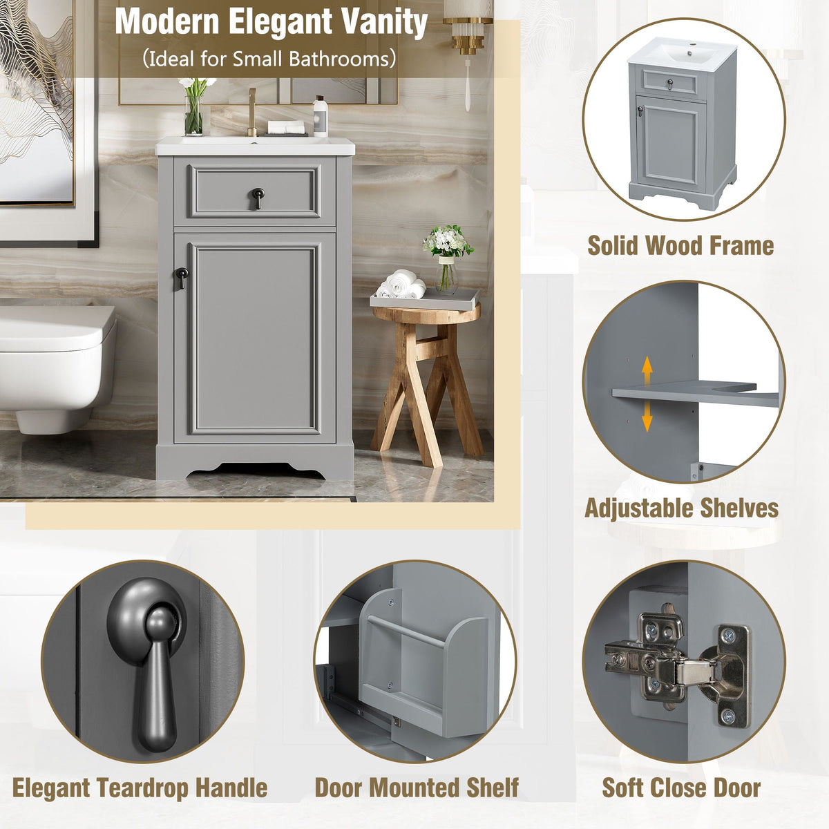 Elegant Bathroom Vanity with Ceramic Sink and Soft-Close Door - Multiple Colors
