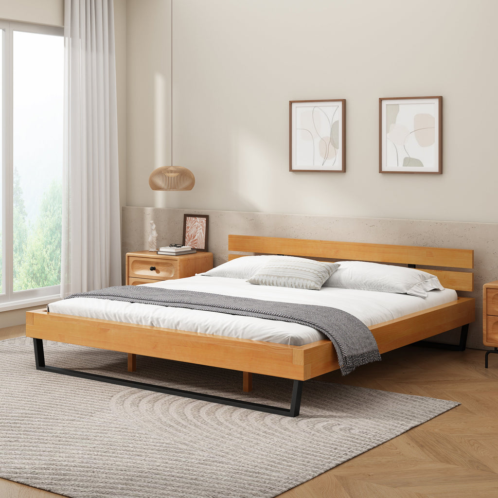 Pine Wood King Bed Frame with Iron Accents - Natural/Black