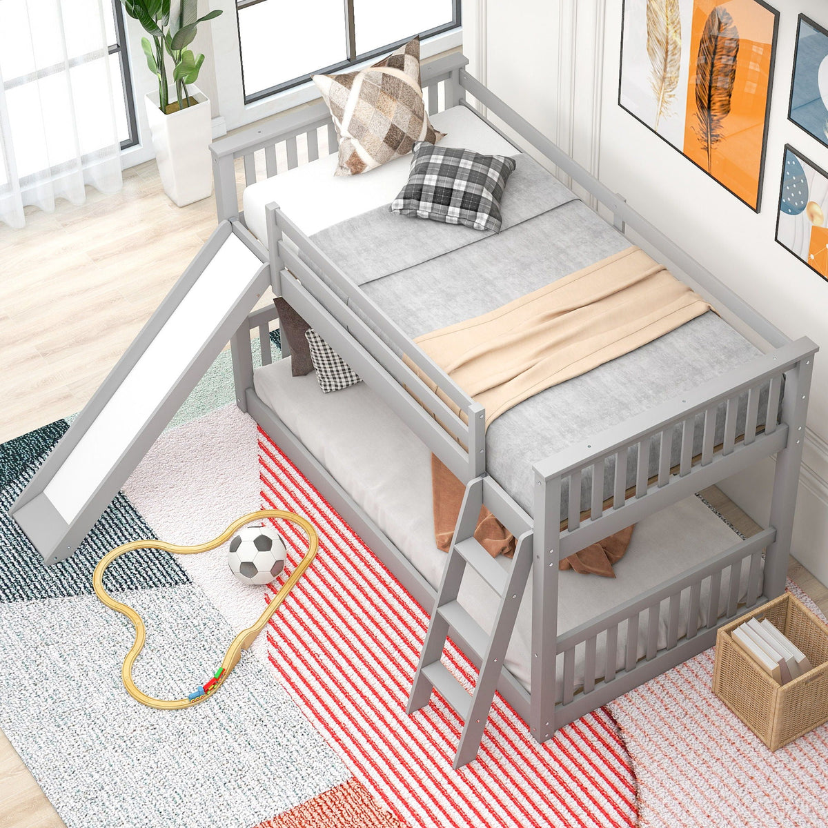Bunk Bed with Convertible Slide and Ladder - White or Dark Gray
