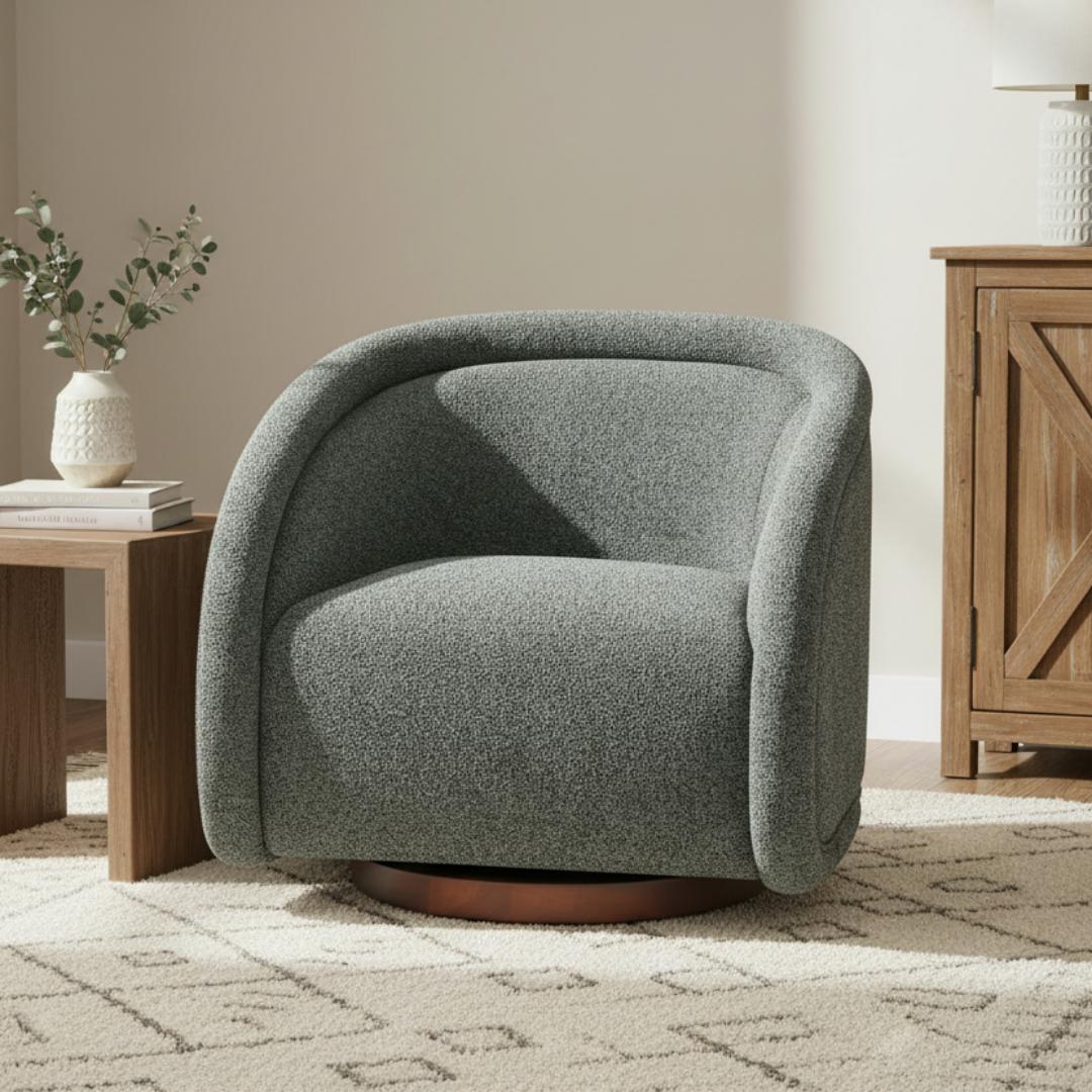 Light Beige Boucle Swivel Chair with Solid Wood Base