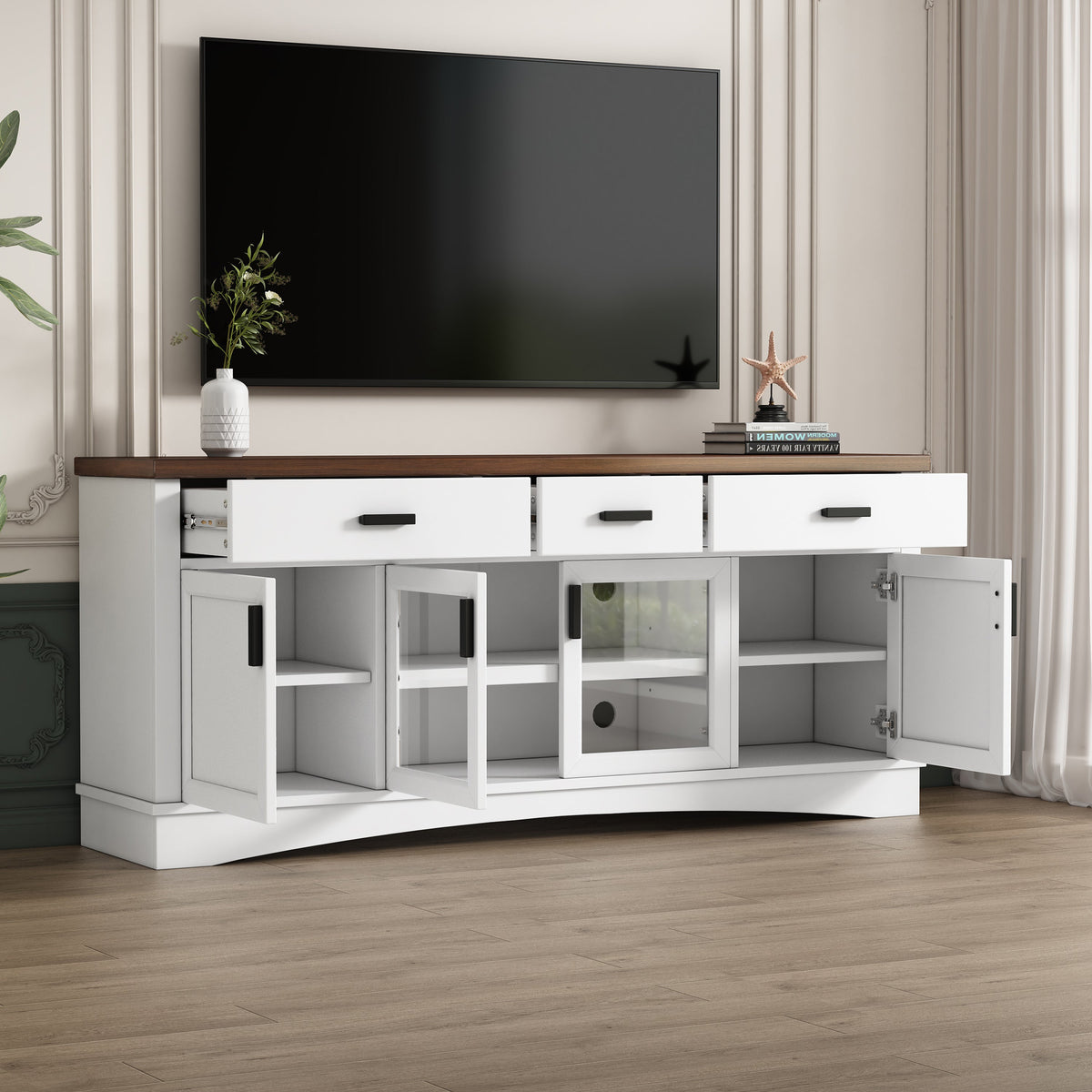 Modern TV Stand with Glass Doors and Adjustable Shelves - White