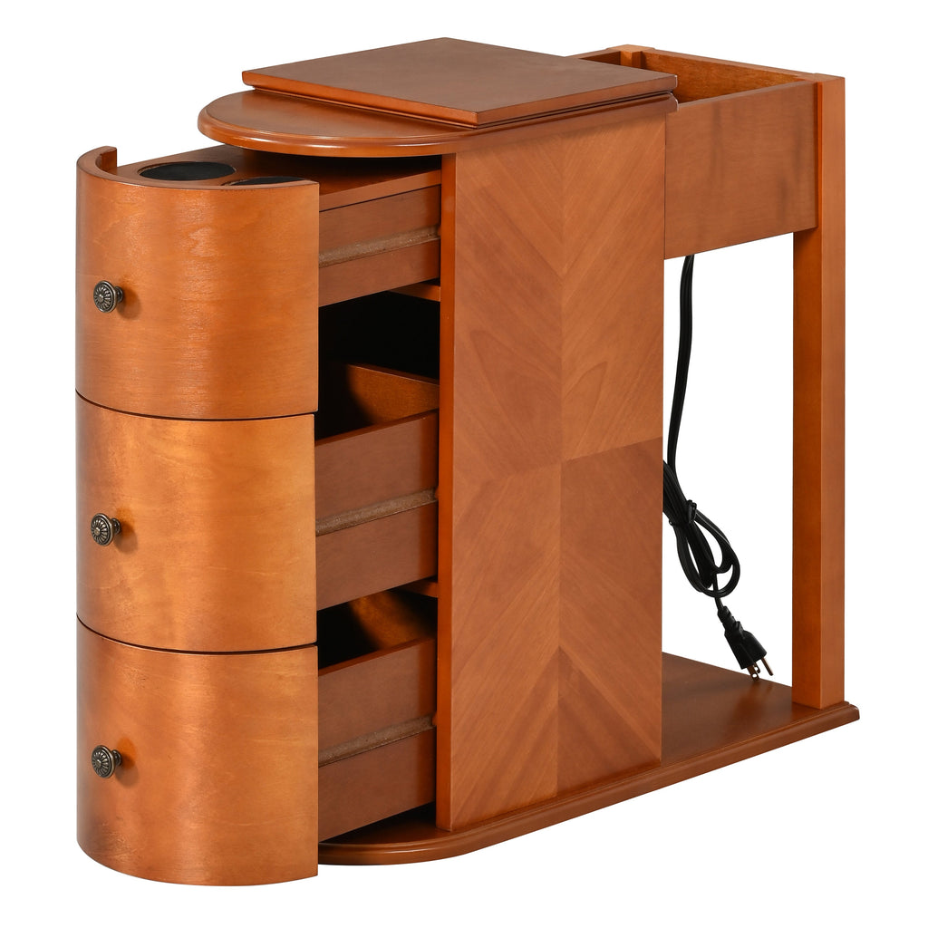 Modern End Table with Hidden Cup Holder and Charging Station - Walnut