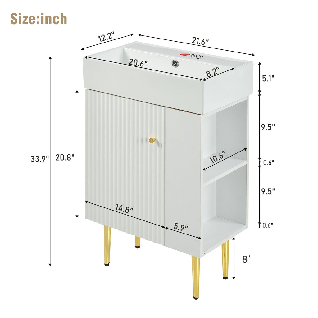 Bathroom Vanity with Single Ceramic Sink and Side Storage - Multiple Colors