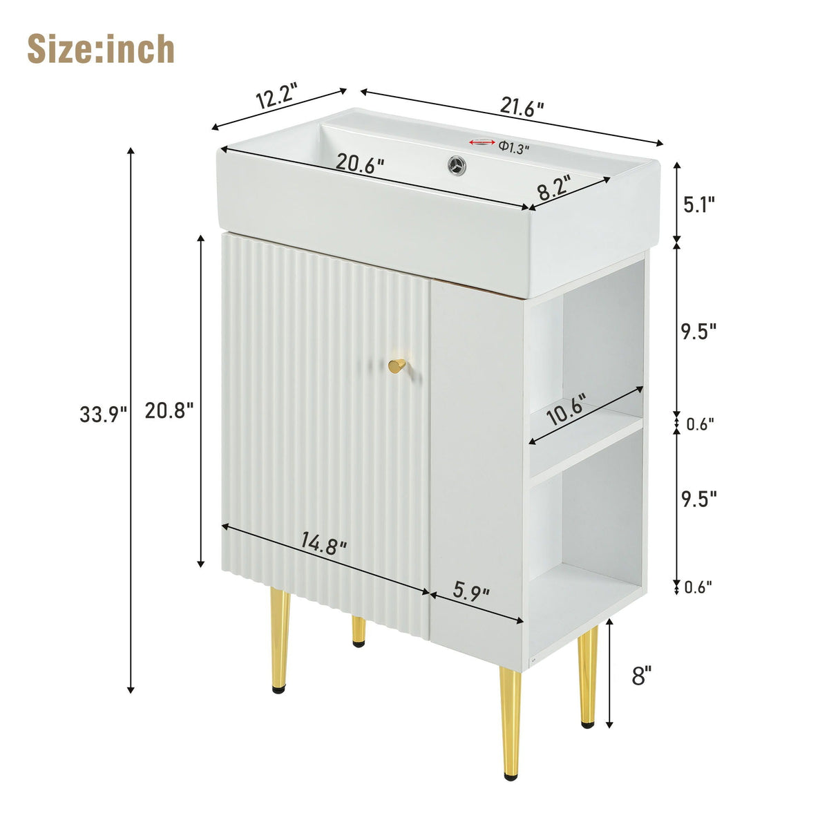 Bathroom Vanity with Single Ceramic Sink and Side Storage - Multiple Colors