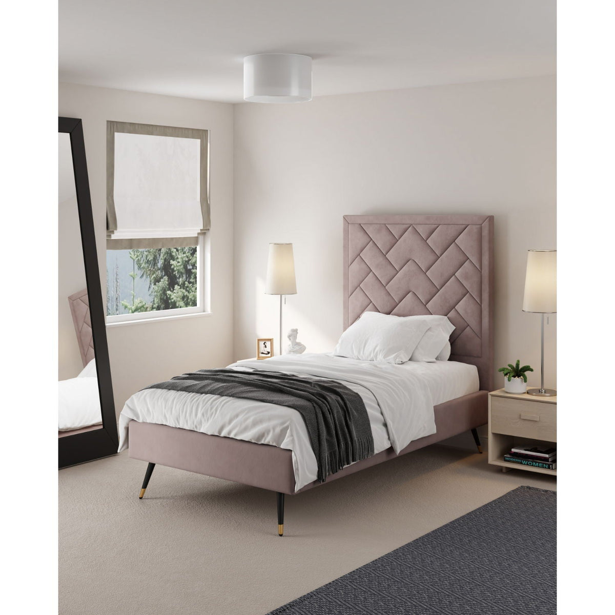 Upholstered Bed with Headboard and Slats - Multiple Colors