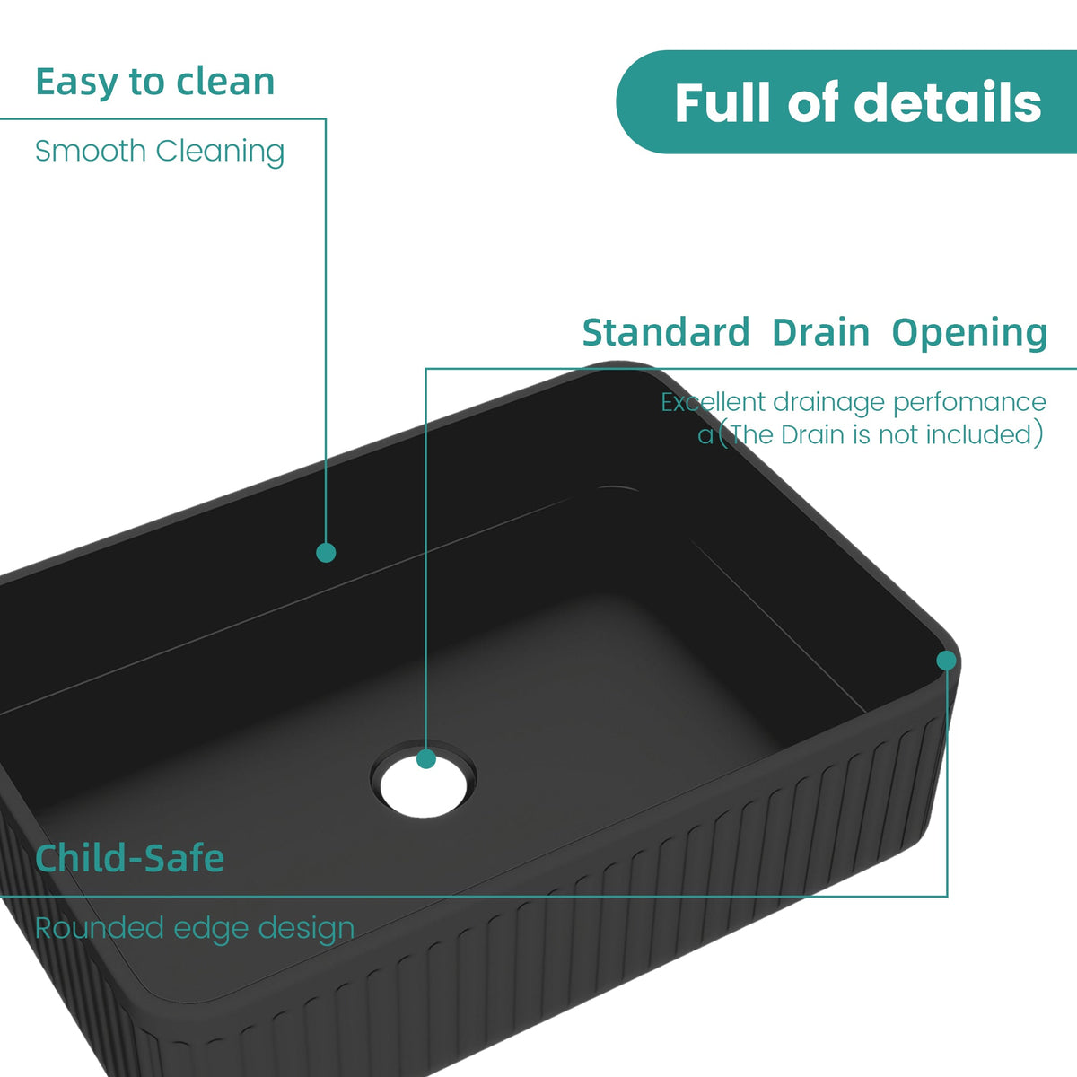BB17 Integrated Black Ceramic Bathroom Vanity Sink with Scratch-Resistant Finish - Black