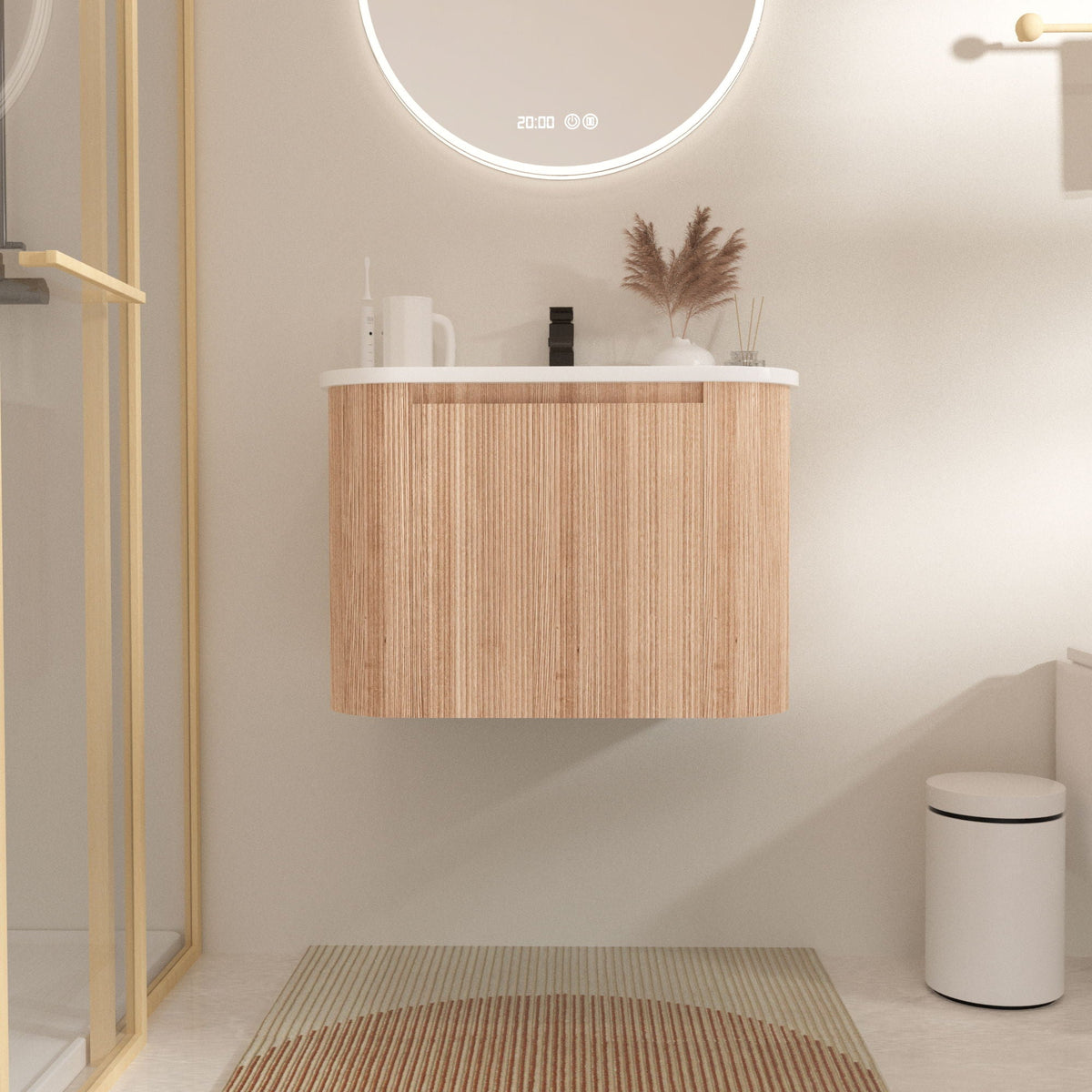 Light Brown Wall Mounted Bathroom Vanity with Sink - Curved Front
