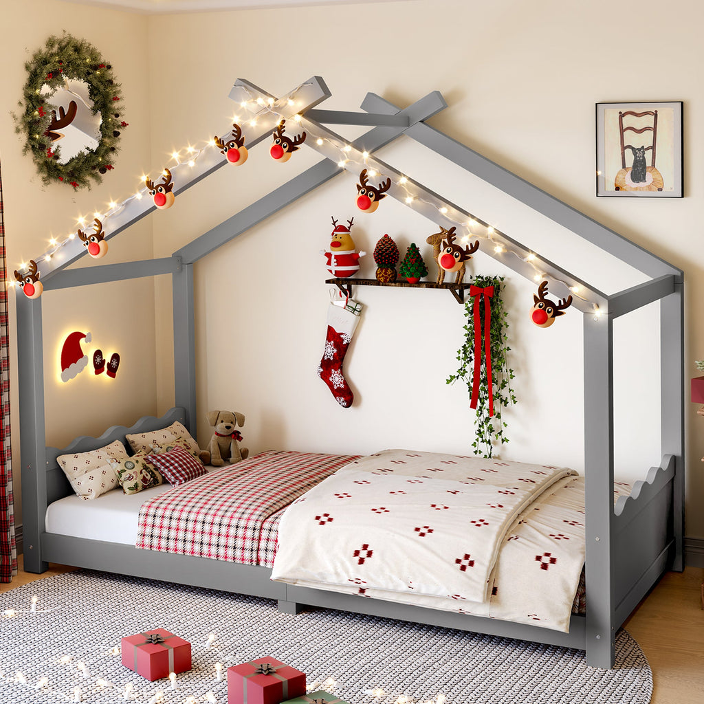Twin House Floor Bed with Support Slats - Solid Wood, White