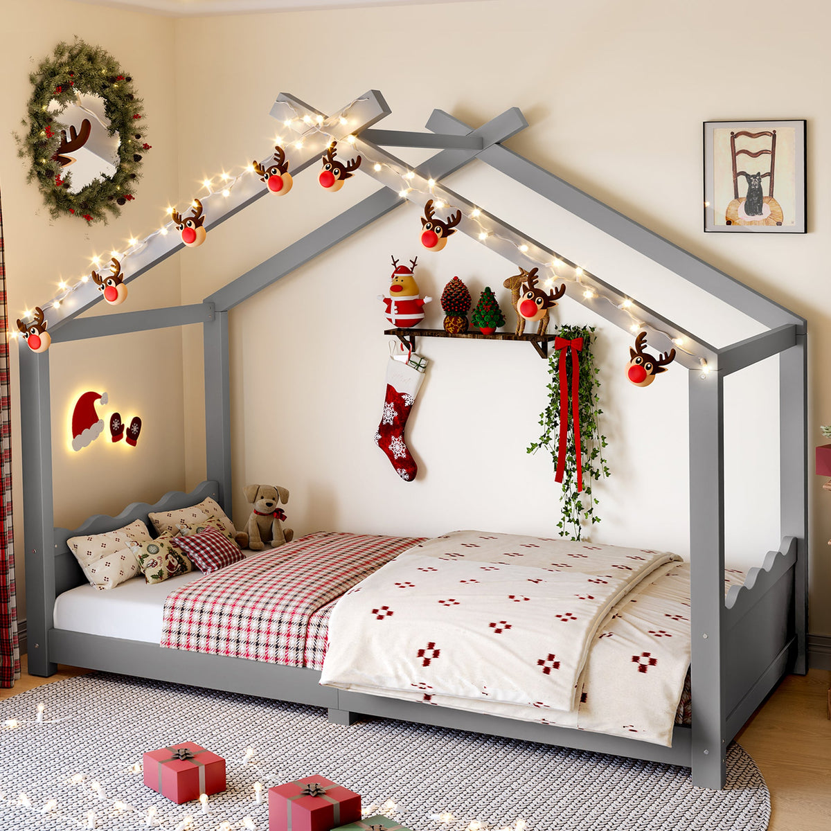 Twin House Floor Bed with Support Slats - Solid Wood, White