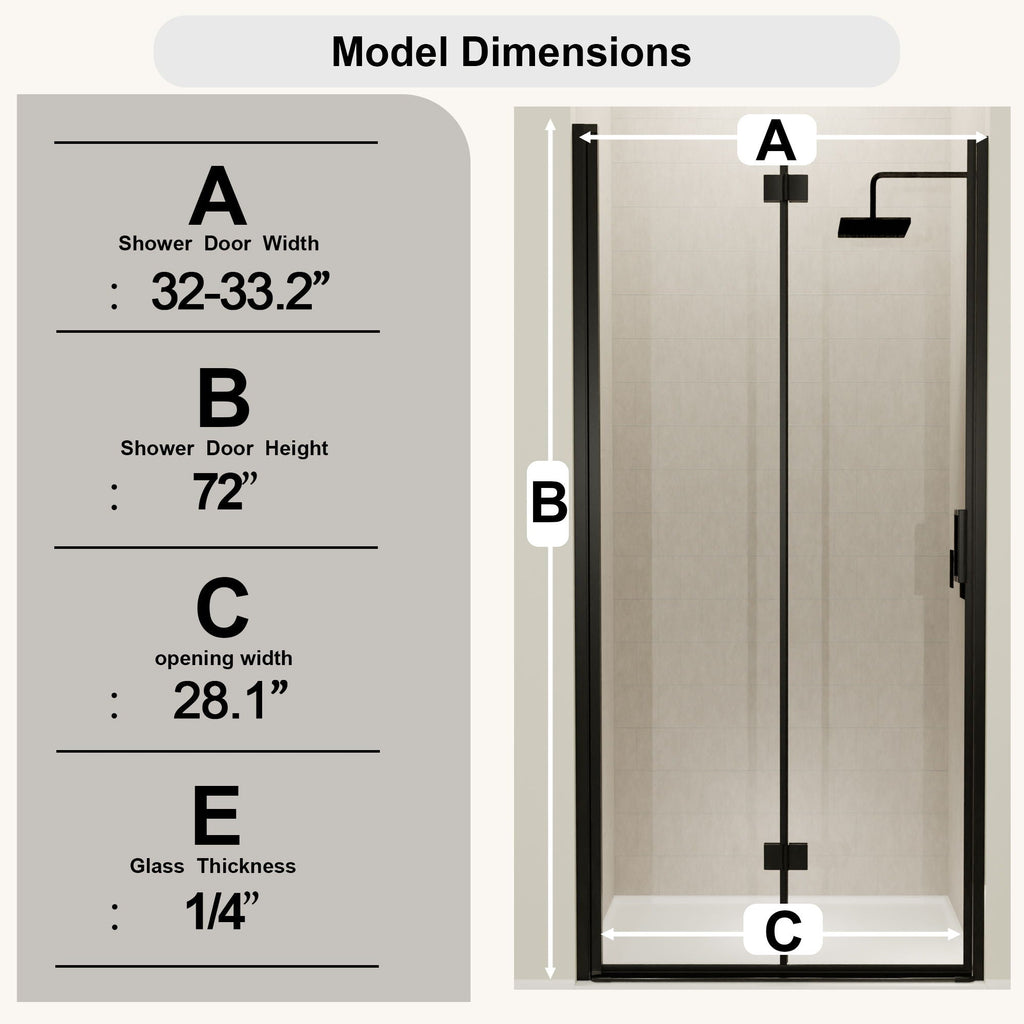 Semi Frameless Bifold Pivot Shower Door with Reversible Installation - Black