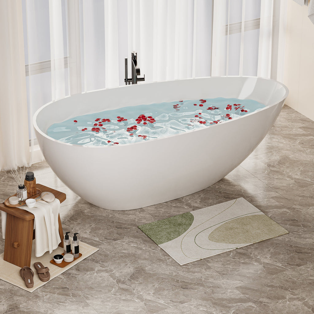 59" Freestanding Solid Surface Bathtub with Overflow Drain - Glossy White