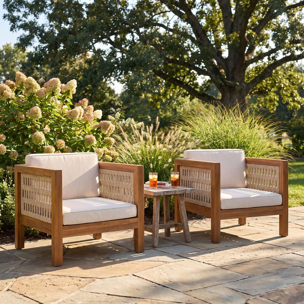 Outdoor Club Chair with Rope Arm and Cushions - Beige