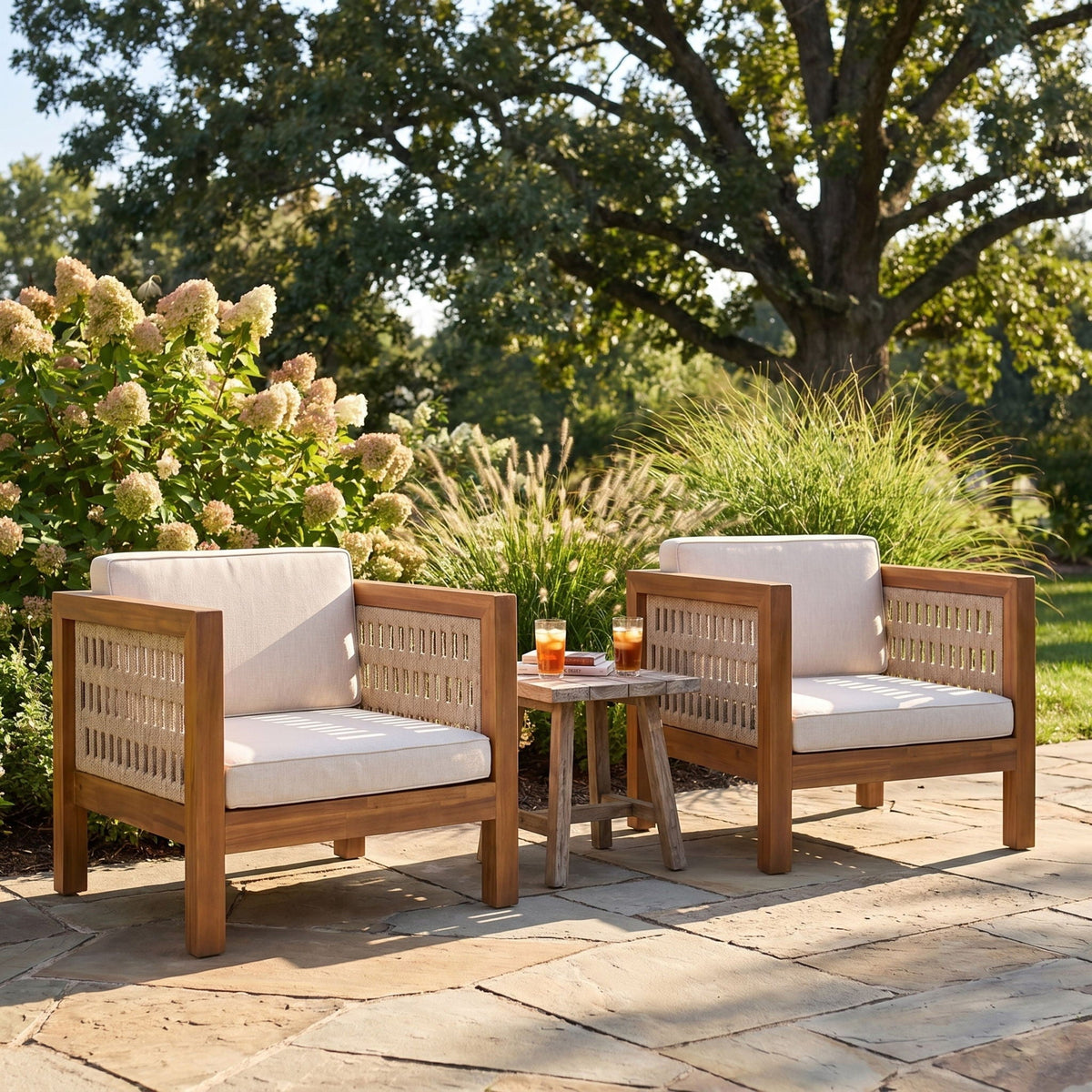 Outdoor Club Chair with Rope Arm and Cushions - Beige