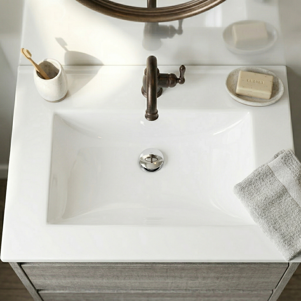 24" Ceramic Drop-In Bathroom Vessel Sink with Single Faucet Hole - White