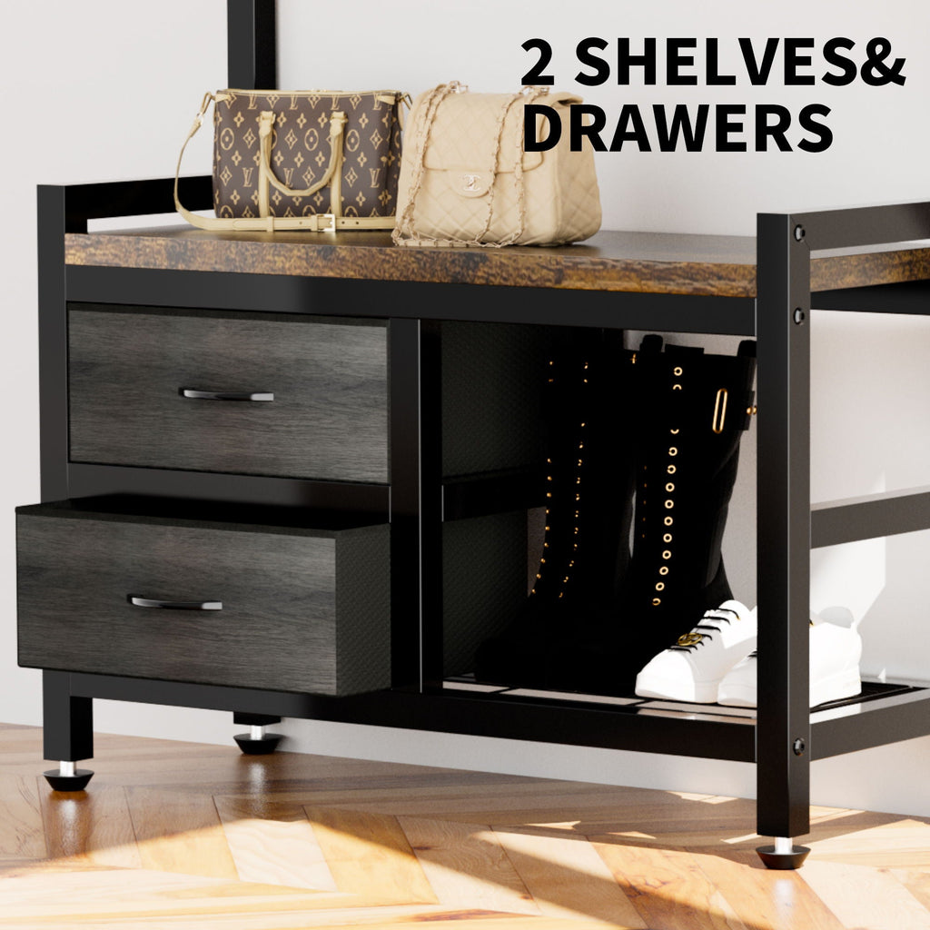 Rustic Brown Hall Tree With 2 Movable Drawers