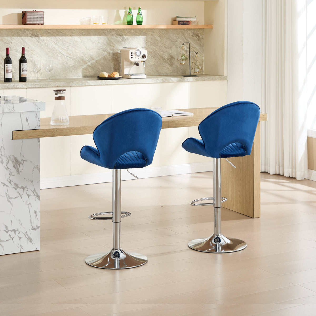 Adjustable Bar Stools Set of 2 with Back and Footrest - Navy