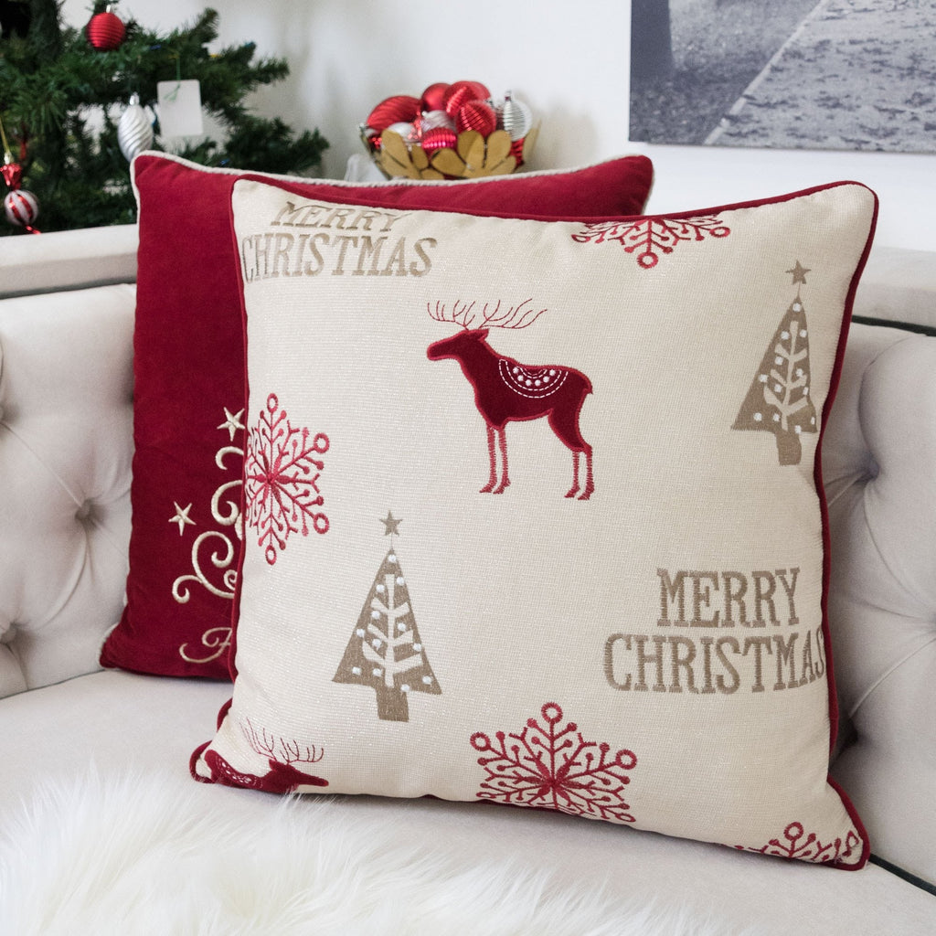Merry Christmas Embroidered Poly Pillow with Festive Embroidery - Red