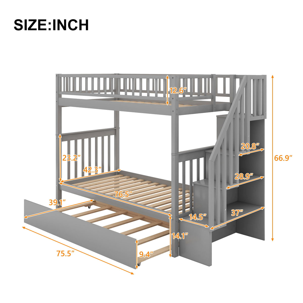 Bunk Bed with Staircase and Storage Options - Dark Gray or White
