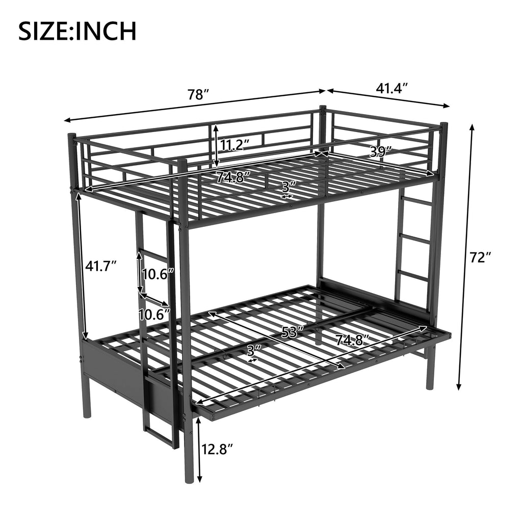 Twin Over Full Bunk Bed with Convertible Futon Sofa - Black