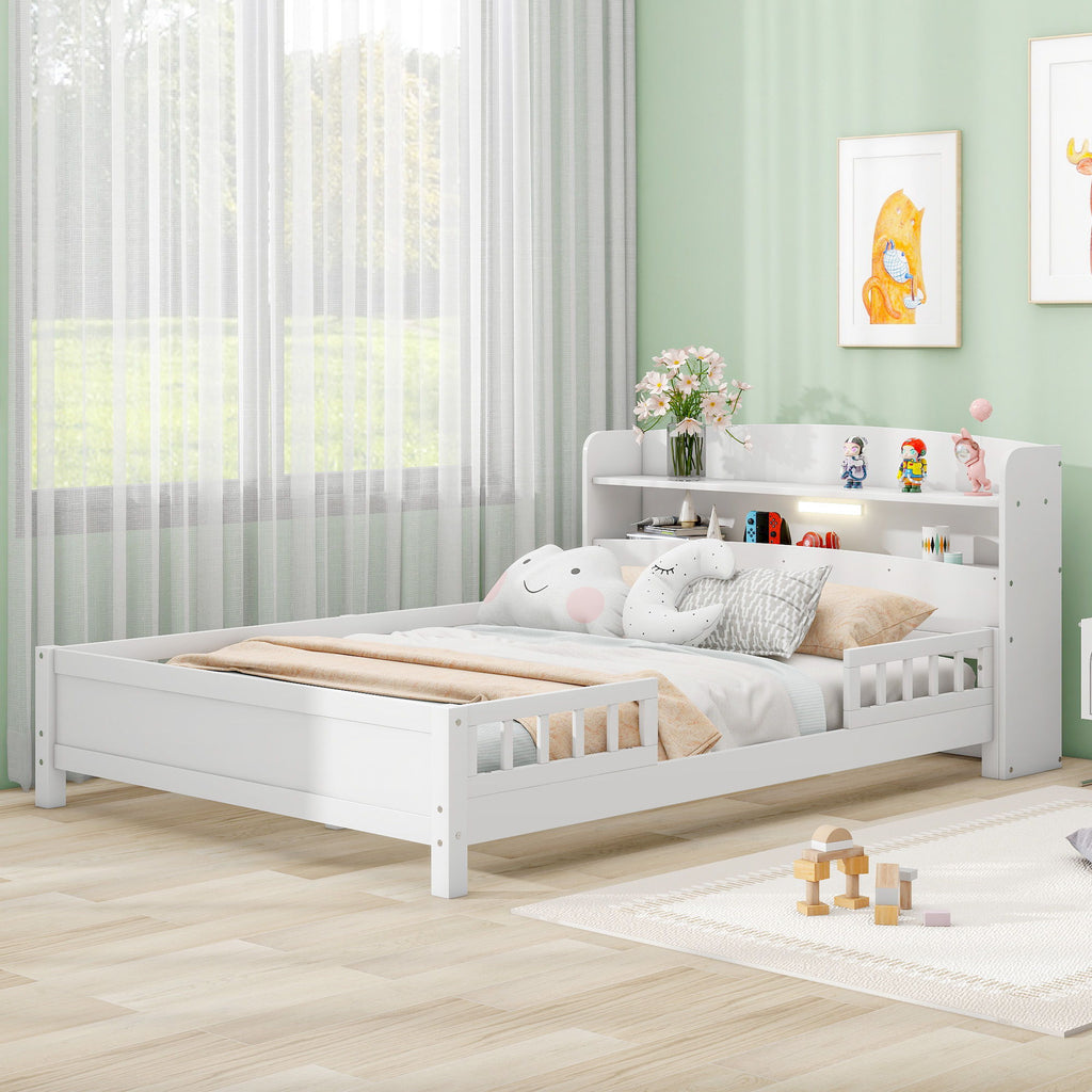 Wood Platform Storage Bed with LED Light & Storage Headboard - White or Dark Gray