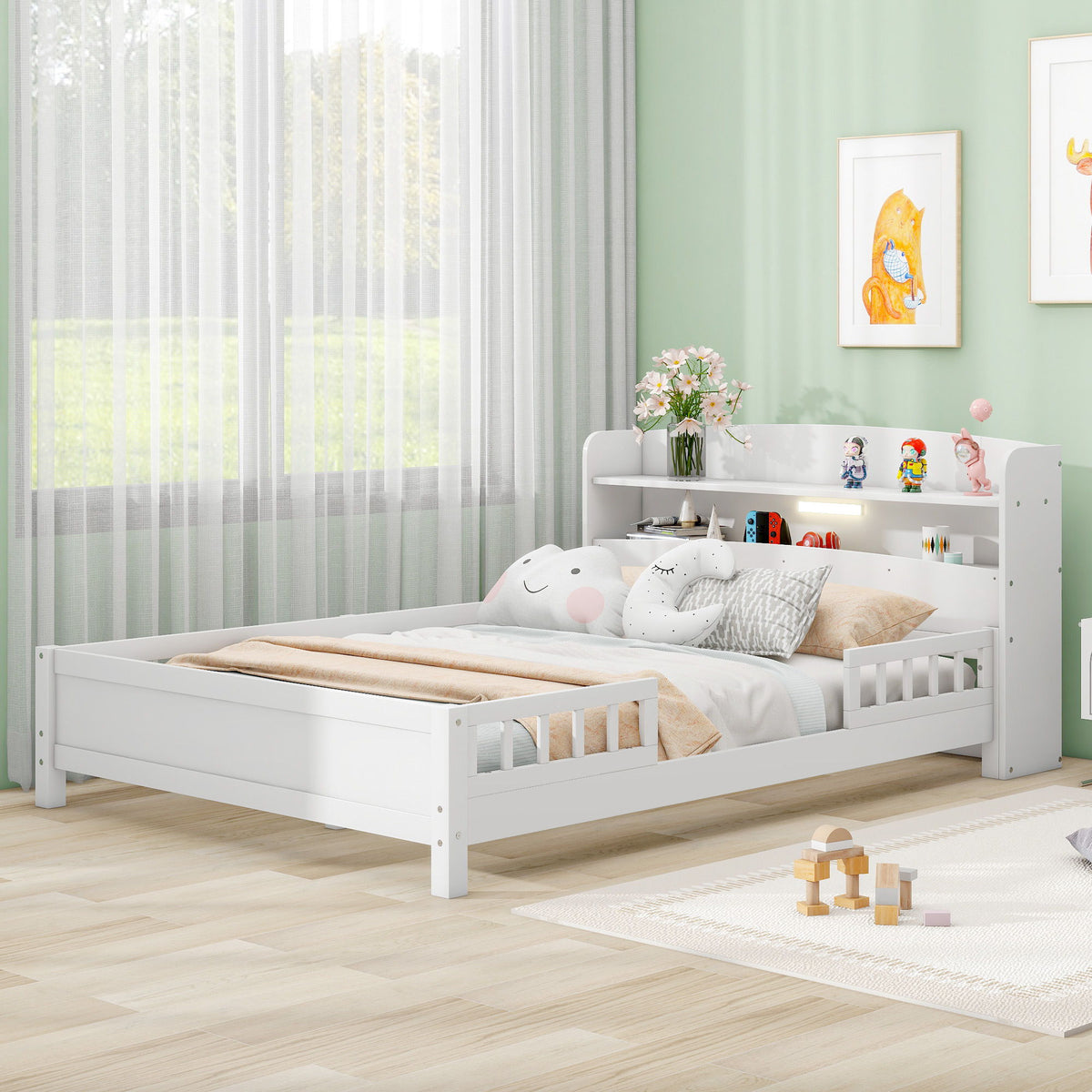 Wood Platform Storage Bed with LED Light & Storage Headboard - White or Dark Gray