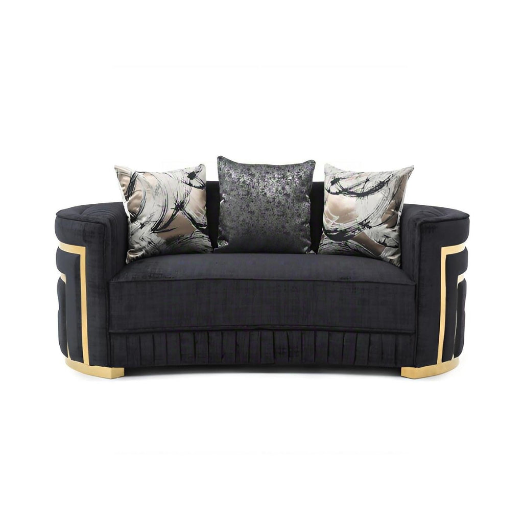 Black Loveseat with Plush Cushions and Gold Accents