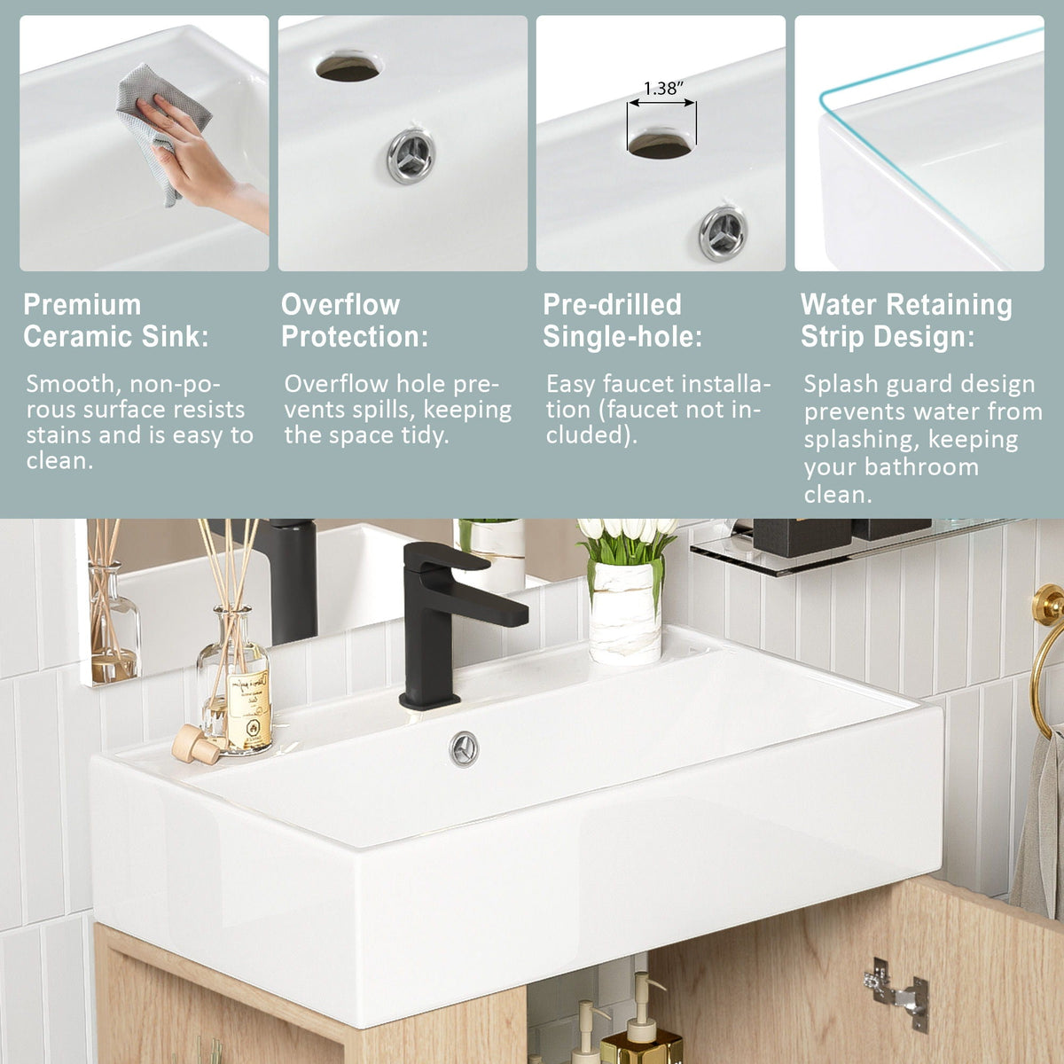 Bathroom Vanity with Single Ceramic Sink and Side Storage - Multiple Colors