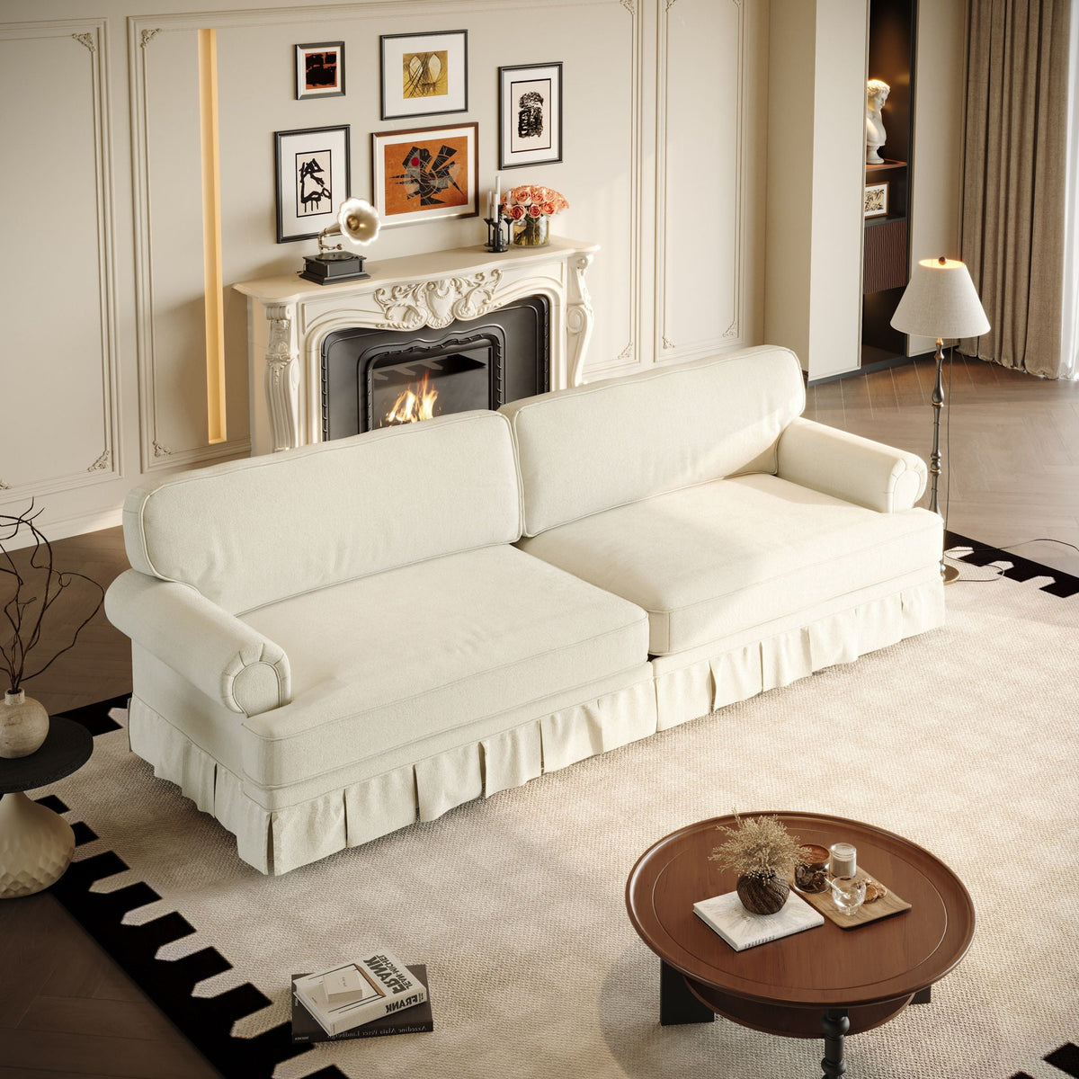 Cloud Couch Sofa with Rolled Arms and Pleated Skirt - Beige, Blue, or Light Brown