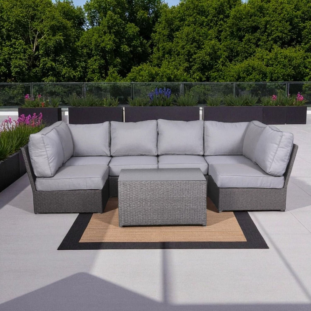 Modern Patio Rattan Sectional Set with Cushions - Multiple Colors
