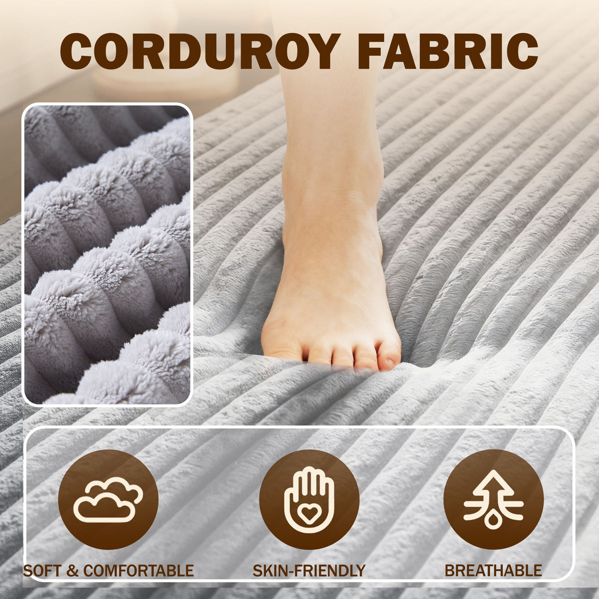 Convertible Floor Sofa with 2 Pillows - Twin Size Corduroy - White or Gray