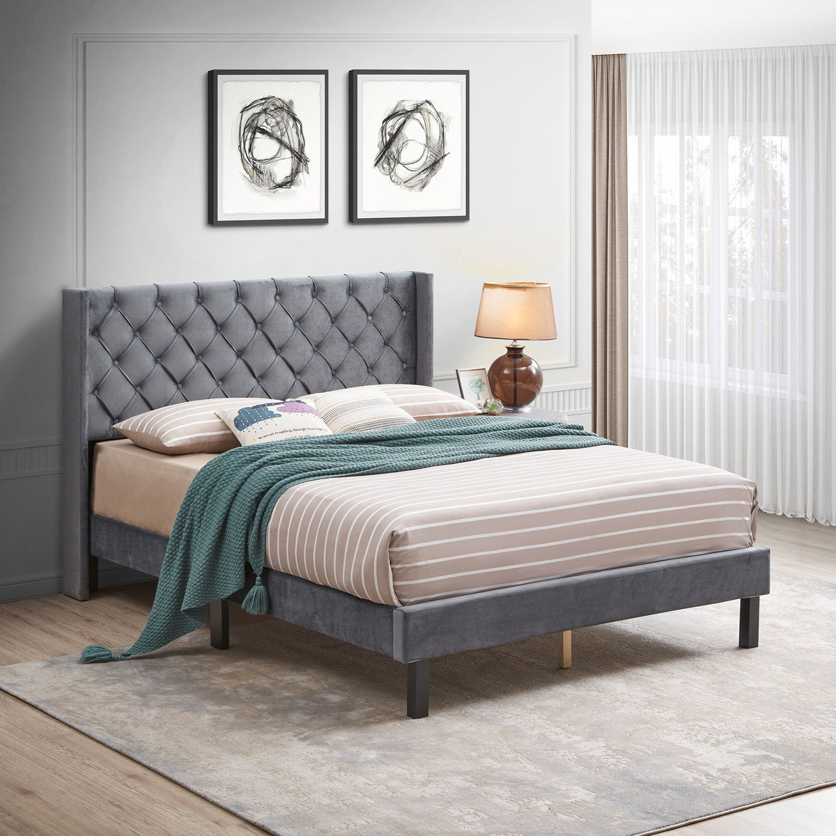 Gray Velvet Upholstered Queen Platform Bed with Wingback and Wood Slat Support