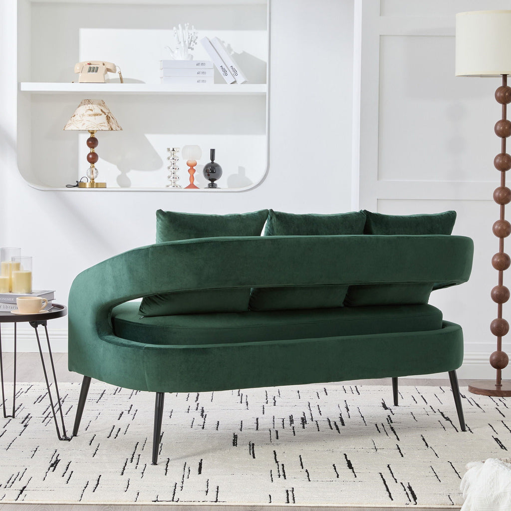 Open Back Loveseat Settee with 3 Pillows - Beige, Dark Green, or Dark Gray