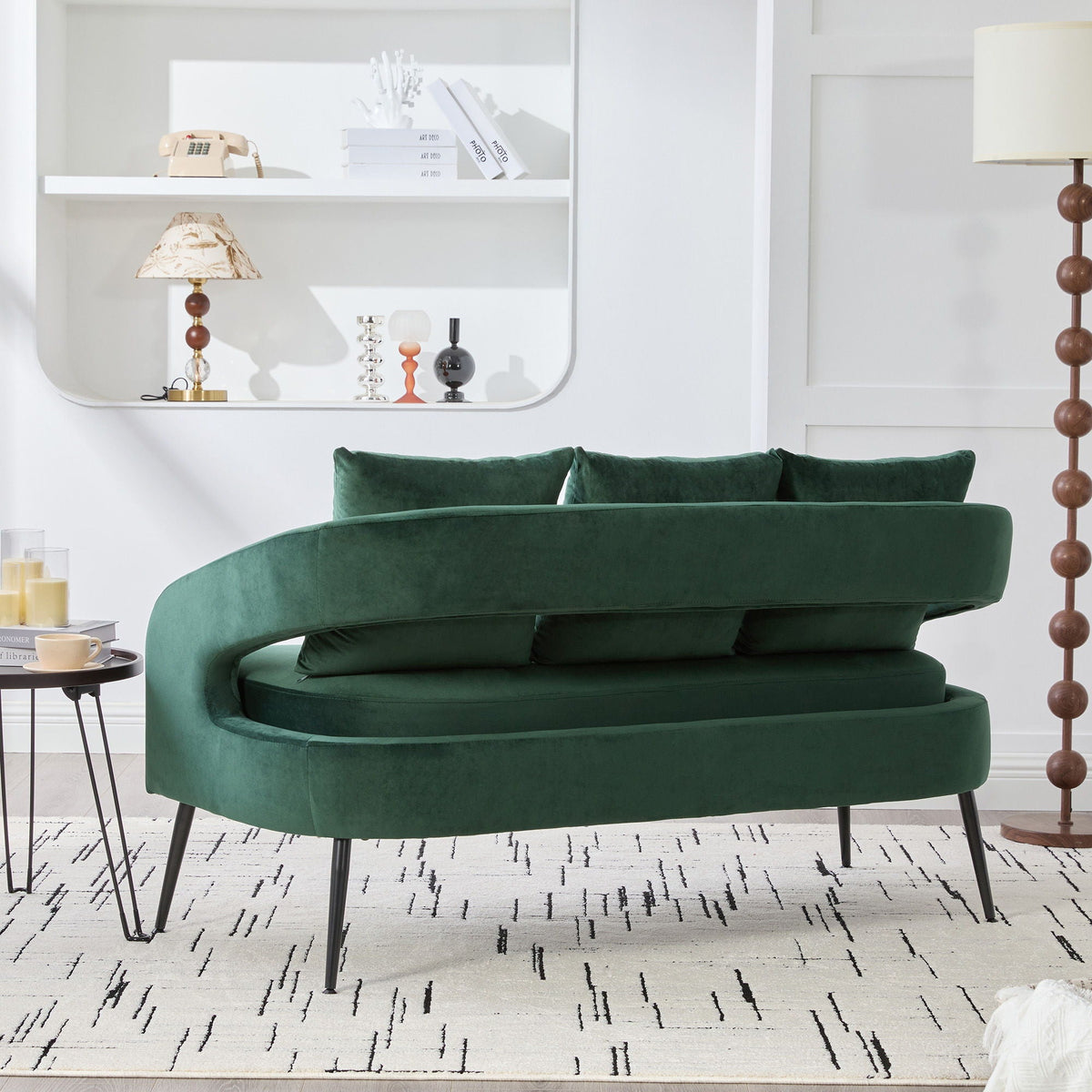 Open Back Loveseat Settee with 3 Pillows - Beige, Dark Green, or Dark Gray