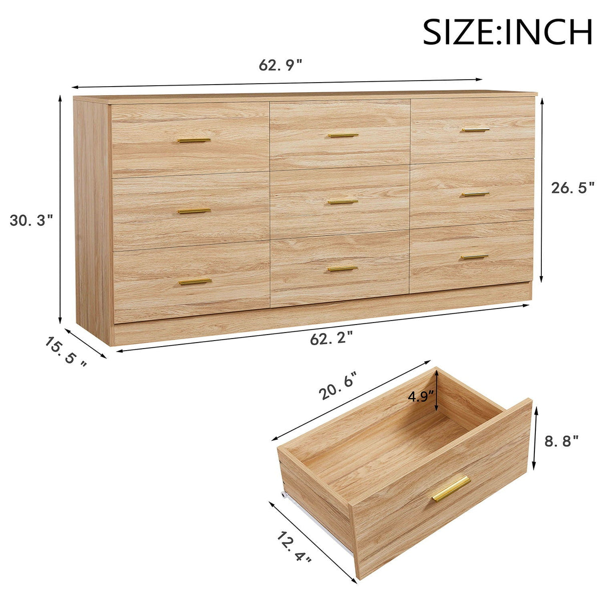 9 Drawer Dresser with Ample Storage - Light Brown, Black, White