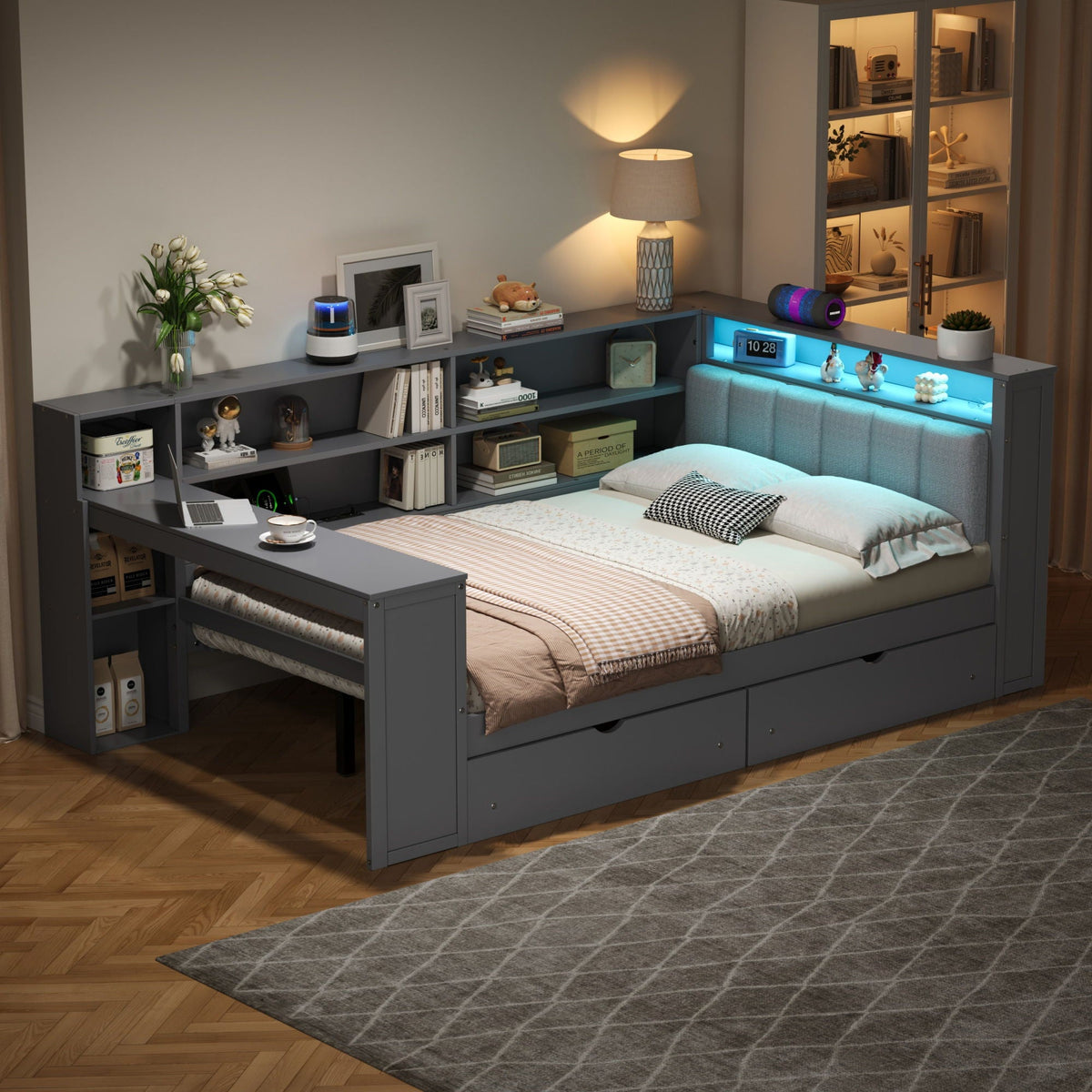 Platform Storage Bed with Shelves, Desk, Charging Station & LED - Full Size