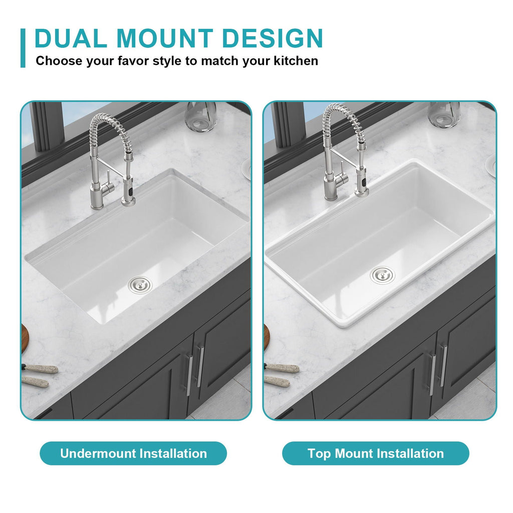 Porcelain Undermount Workstation Single Bowl Kitchen Sink – White