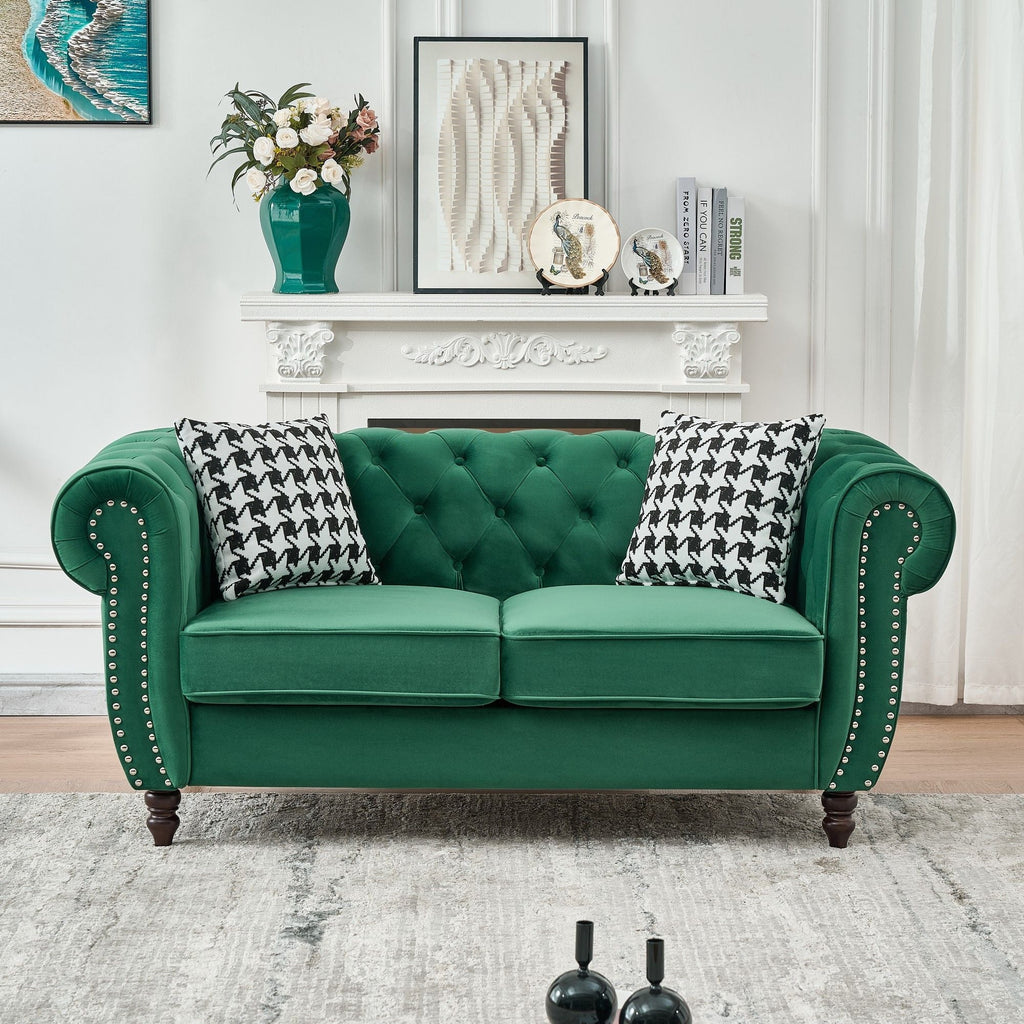 Chesterfield Fabric Loveseat with Nailhead Accents - Dark Green