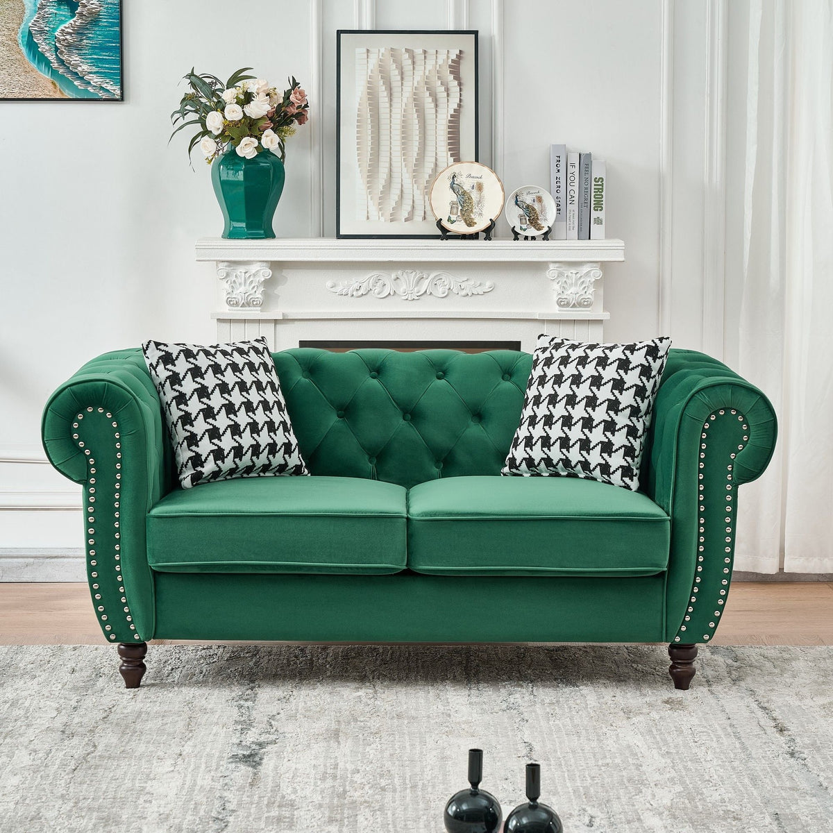Chesterfield Fabric Loveseat with Nailhead Accents - Dark Green