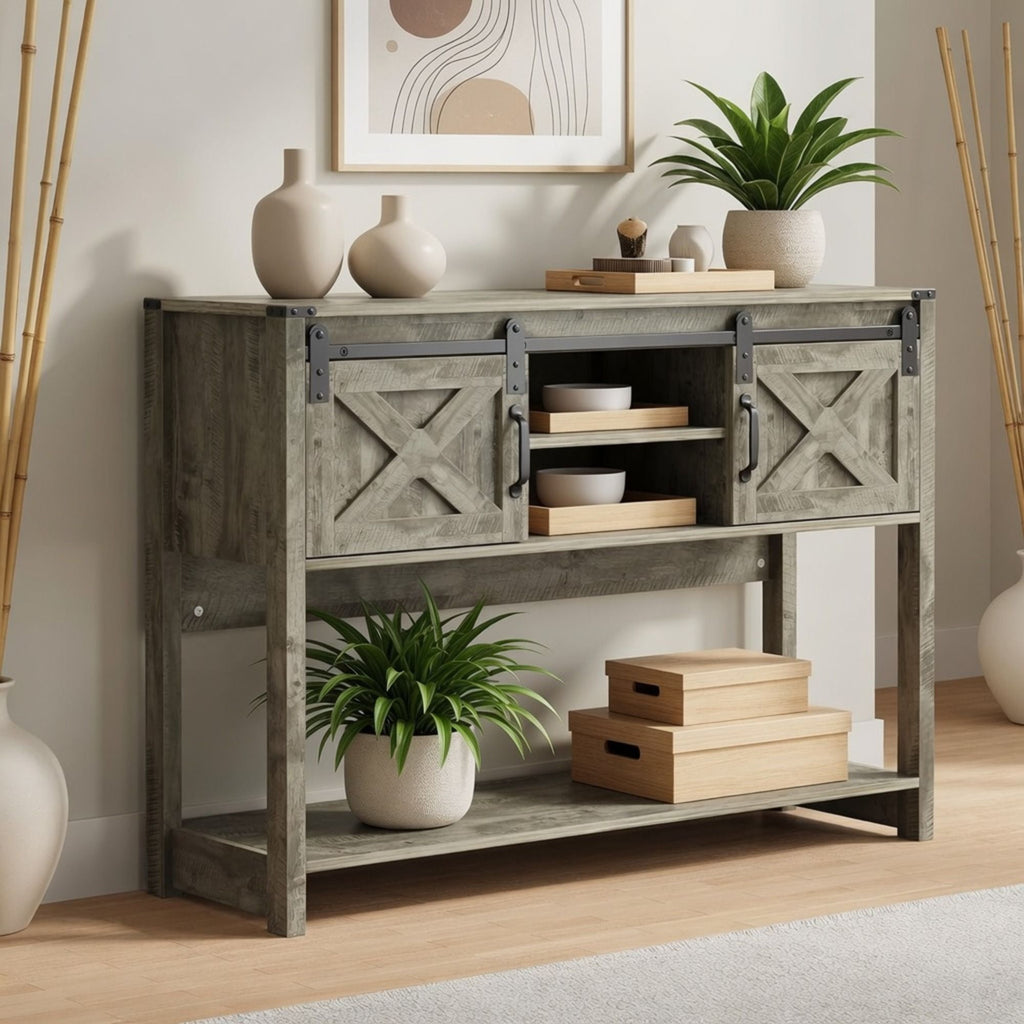 Farmhouse Entryway Table with Sliding Barn Door - Gray, Dark Gray, White, Black