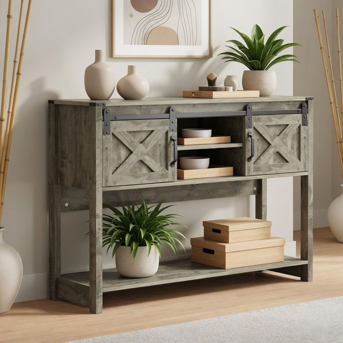 Farmhouse Entryway Table with Sliding Barn Door - Gray, Dark Gray, White, Black