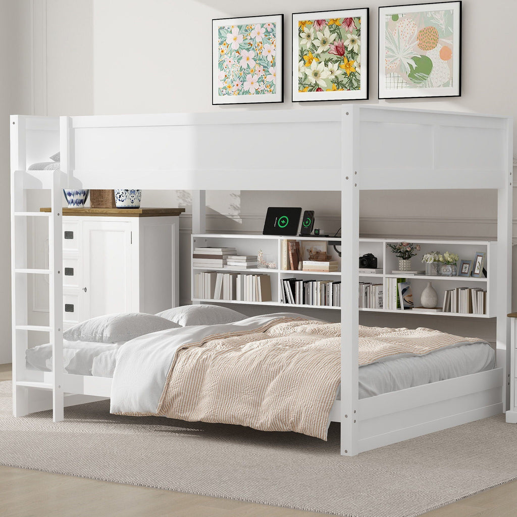 Queen Bunk Bed with Storage Cabinets and USB Ports - Dark Brown or White