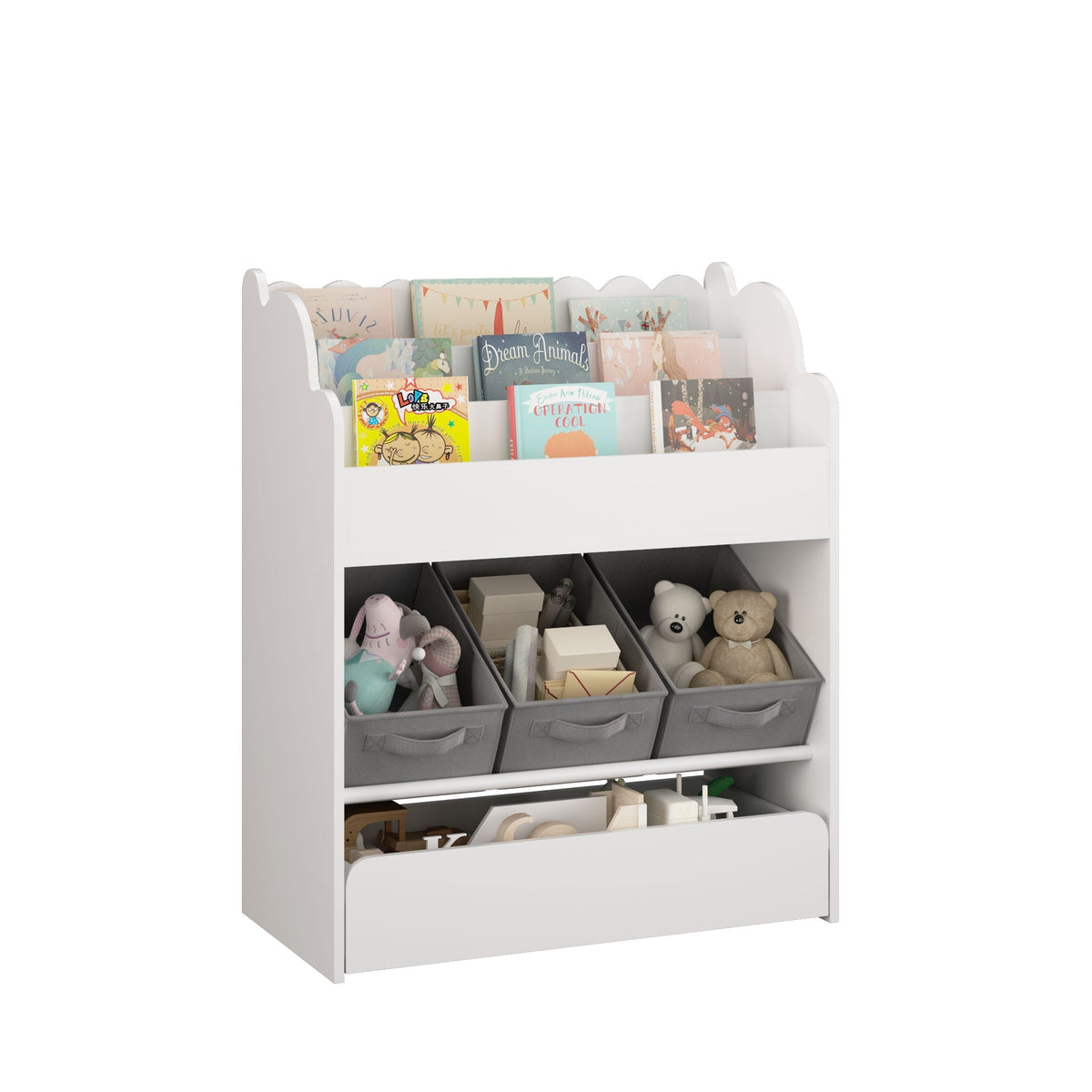 Bookshelf With Storage Bins and Drawer – Multi Functional Book Organizer for Toddlers - White