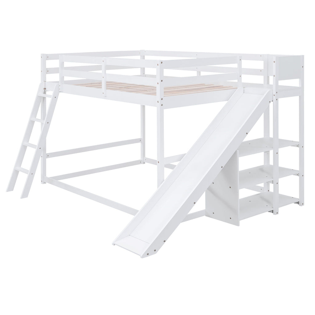 Bunk Bed With Ladder, Slide, and Shelves - Pine Wood, Full Over Full