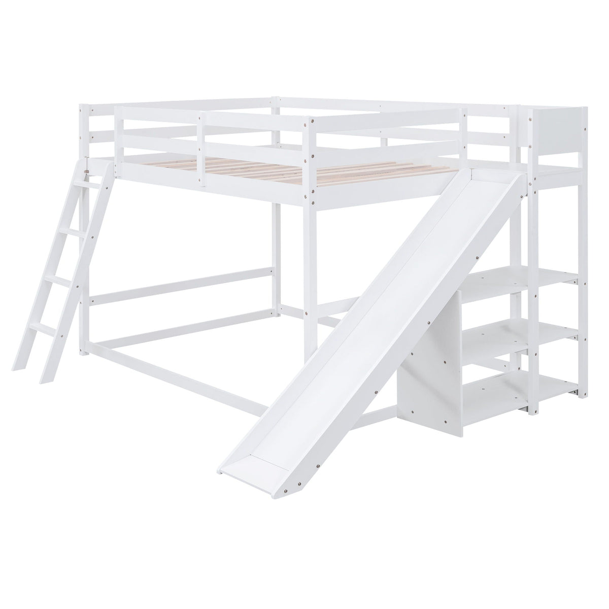 Bunk Bed With Ladder, Slide, and Shelves - Pine Wood, Full Over Full