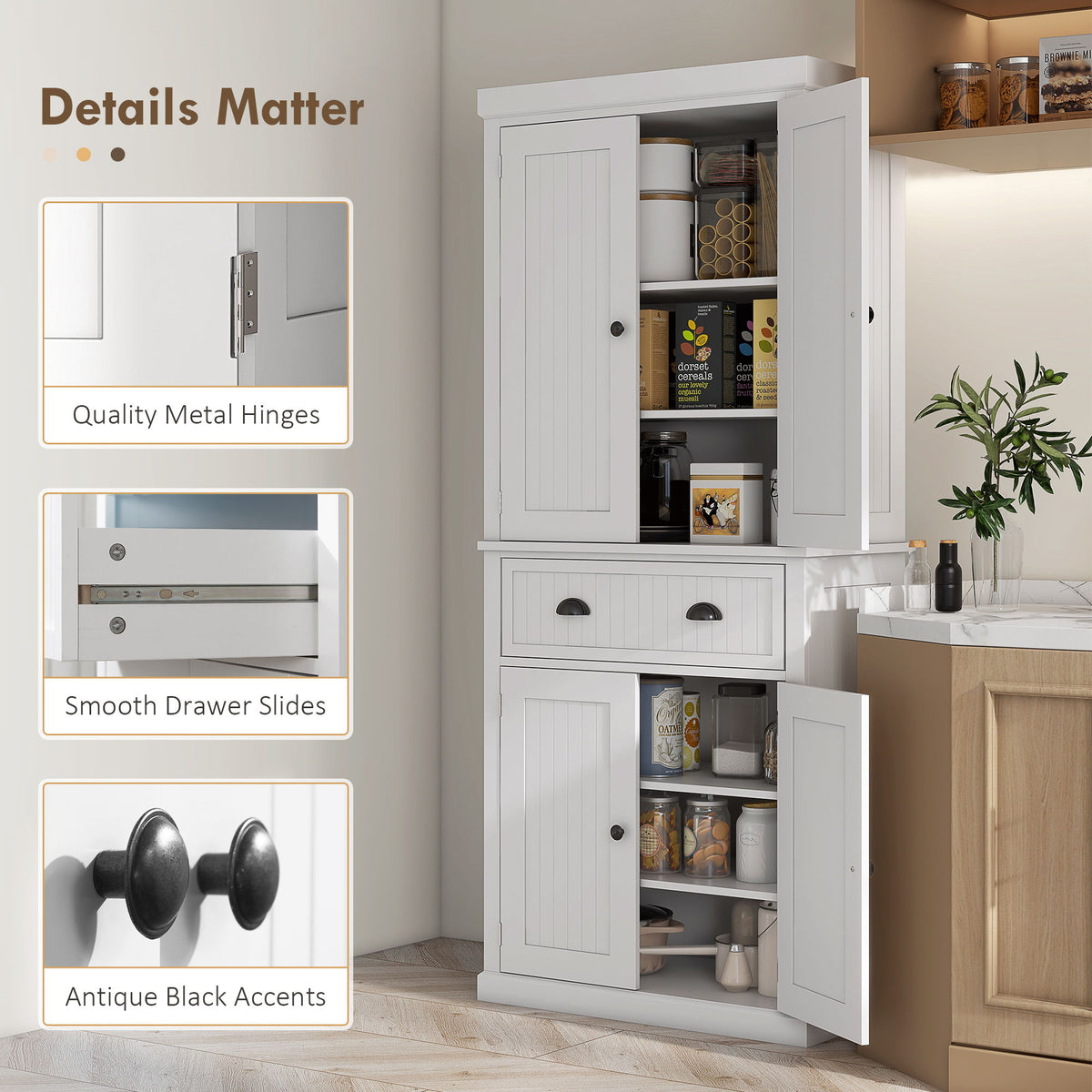 72" Tall Kitchen Pantry Cabinet with Adjustable Shelves and Drawer - White