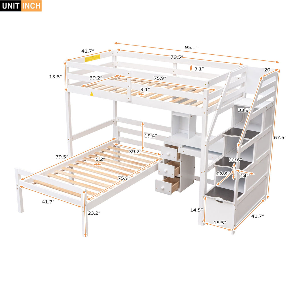 Storage Loft Bed with Stand Alone Bed and Desk - Twin Size